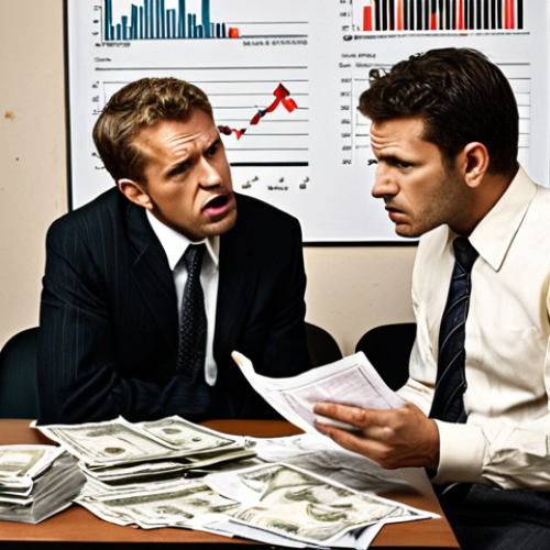 Home 17 **
Prompt: *Two business partners arguing intensely over finances. Stressful atmosphere. Unpaid bills and financial charts scattered around. Emphasize disagreement and tension. In the style of a gritty, realistic photograph.*
**