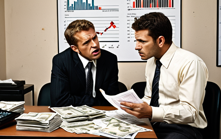 **

Prompt: *Two business partners arguing intensely over finances. Stressful atmosphere. Unpaid bills and financial charts scattered around. Emphasize disagreement and tension. In the style of a gritty, realistic photograph.*

**