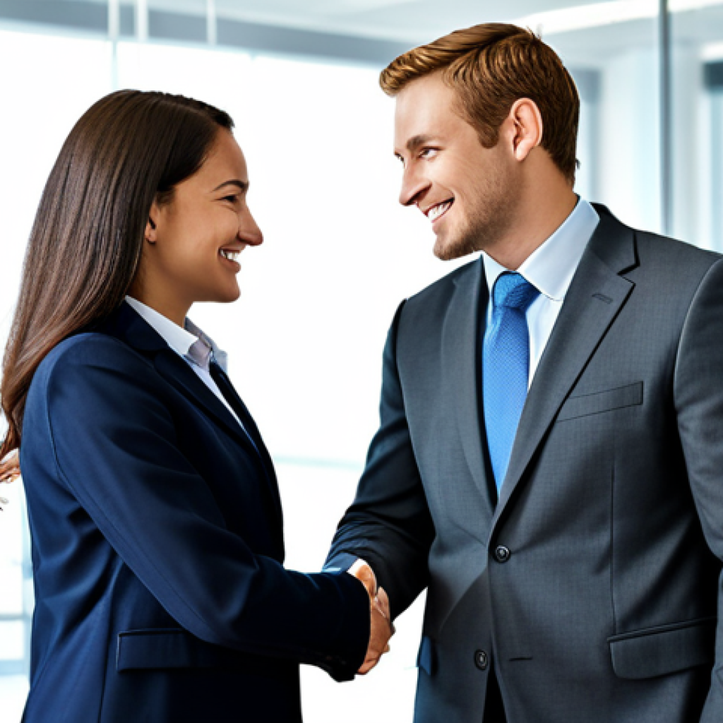 Business Partnership**
"Two business professionals, fully clothed in modest business attire, shaking hands in a bright, modern office. A successful partnership, safe for work, appropriate content, perfect anatomy, correct proportions, professional photograph, high quality."
**