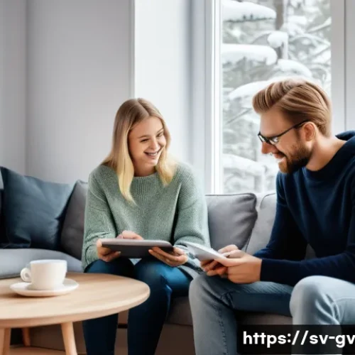 Home 26 파트너 간 재무 목표 설정의 중요성 - A cozy Scandinavian living room scene with a young Swedish couple sitting together on a modern sofa,...