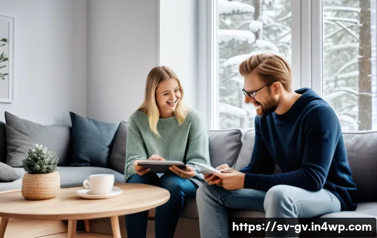 파트너 간 재무 목표 설정의 중요성 - A cozy Scandinavian living room scene with a young Swedish couple sitting together on a modern sofa,...