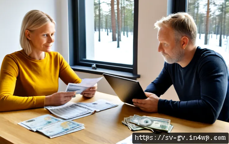 Home 17 파트너 간 재무 조율을 위한 다각적 접근 방법 - Photorealistic Swedish couple in their late 40s calmly reviewing household finances together at a br...